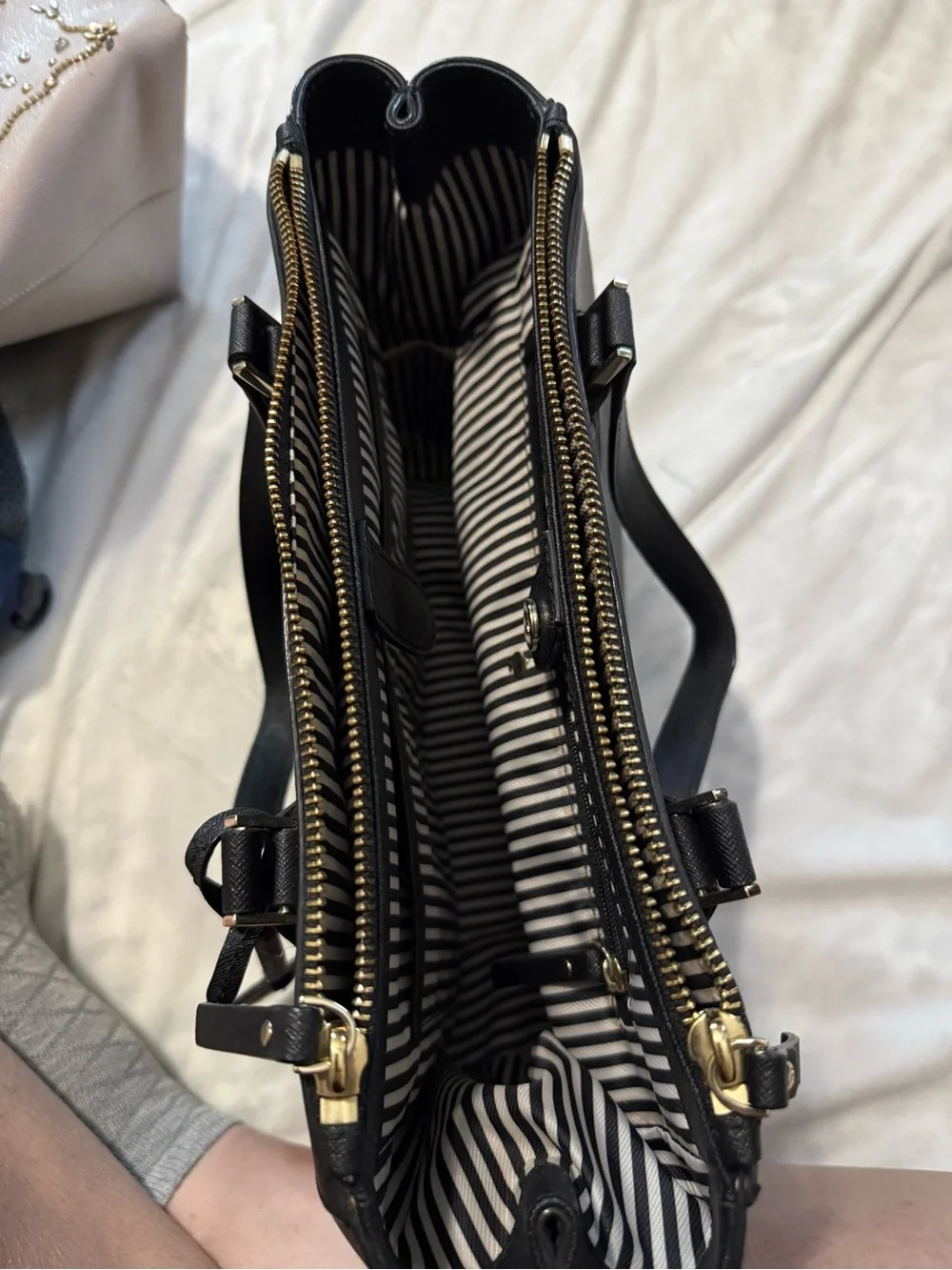 kate spade Black Leather Double-Zip Satchel with Gold Hardware